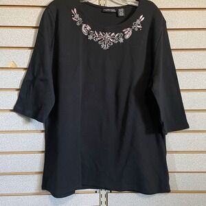 Ladies Club Woman Beaded Black V Neck Top Shirt‎ 2X LN Business Casual Fit XL